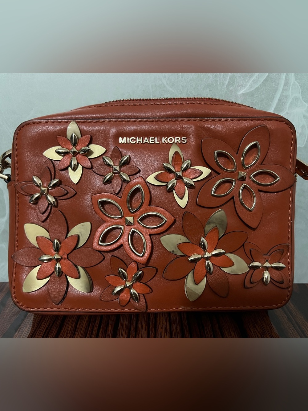 Michael Kors Floral Appliqué Leather Cosmetic Case - Rust & Gold